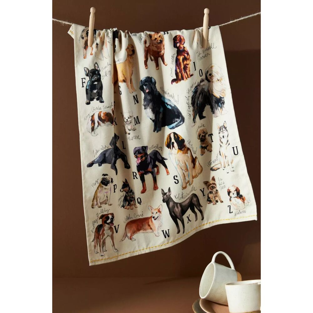 Anthropologie Dog Breeds A-Z Dish Towel Cotton Alphabet Kitchen Towel NWT